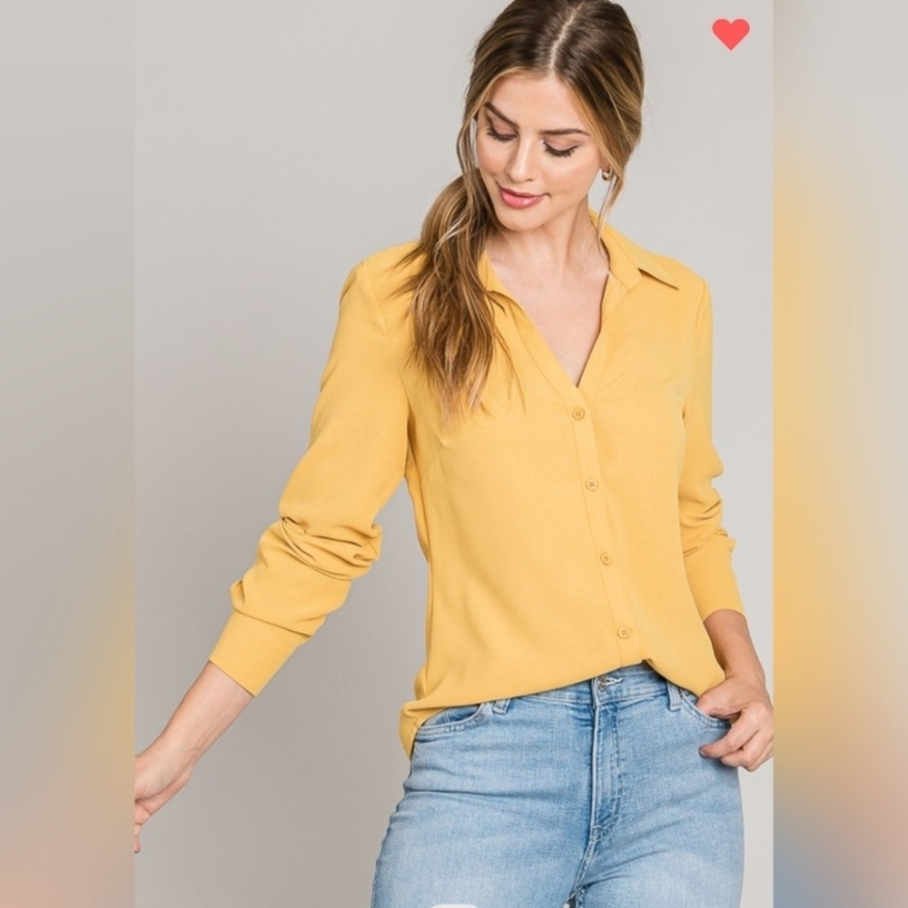 Womens Mustard Button Down Shirt Long Sleeve Career Office Casual  S/M/L